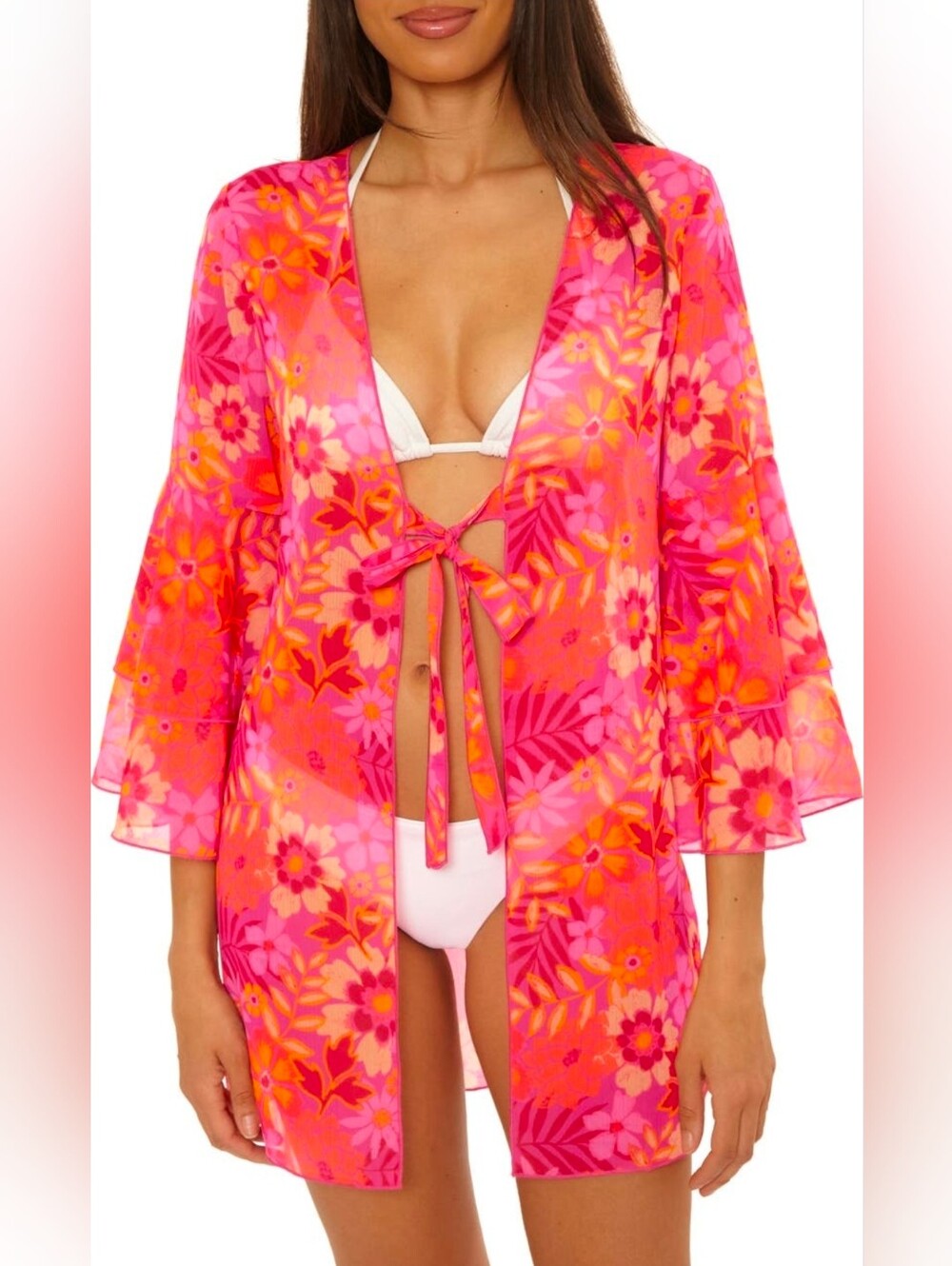 BECCA Hot Pink & Orange Floral Tie-Front Swim Coverup
